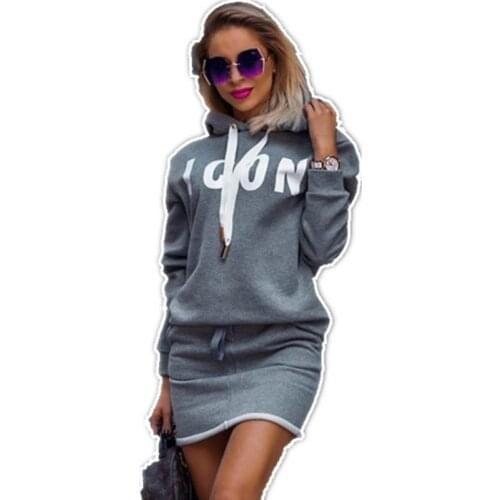Straight Autumn And Winter Womens Letters Printed Mid-length Hooded Sweatshirt Drawstring Dress Simple Wn