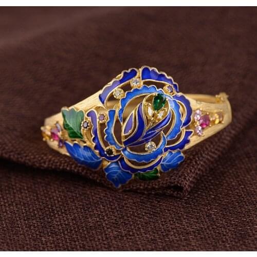 S925 pure silver gold-plated craftsmanship braclet ethnic style peony blossoms burnt blue gilt open bracelet for woman Jewelry