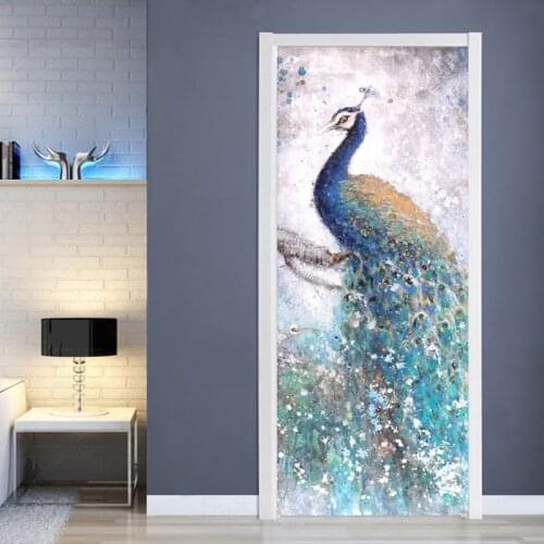 Self-Adhesive Door Sticker 3D Stereo Peacock Mural Wallpaper Modern Living Room Bedroom Vinyl Waterproof Door Poster Home Design