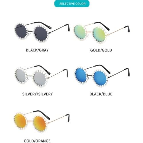 Boys Girls Sunglasses Round Lenses with Pearl Decoration Retro Anti-Ultraviolet Sunscreen Eyewear