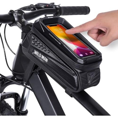WILD MAN 1.2L Bike Phone Mount Bag Waterproof Front Top Tube Bike Bag with Touch Screen for Mountain Road Bike MTB Cycling