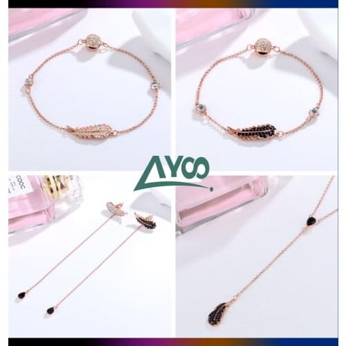 SWA 1:1 2021 Fashion Jewelry Exquisite Charming Black Feather Series Necklace Earrings Bracelets Set Romantic Gift For Women