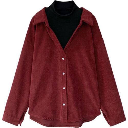 Corduroy Blouses Fake Two Pieces Shirt Plus Size Clothing for Women Blouses Tops Vintage Korean Solid Red Yellow Casual