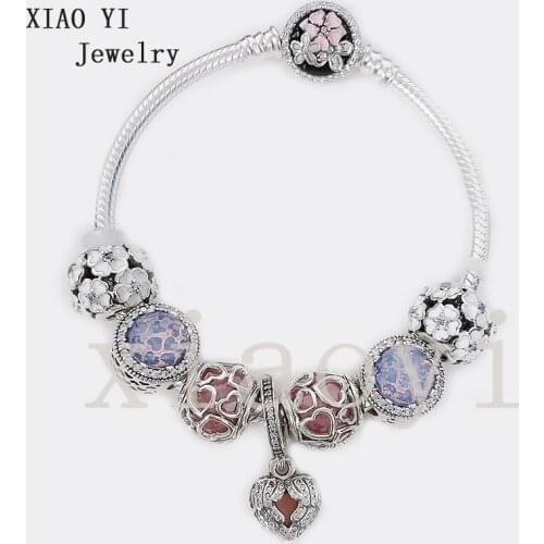 XIAOYI 2020 new 100% S925 Pink glass love white hollow-out flower zircon heart classic gentle bracelet for girlfriend female