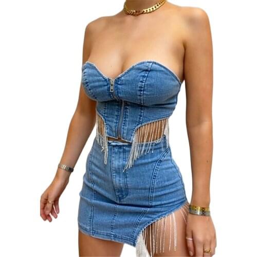 XLLAIS Good Quality Denim Party Two Piece Sets Women Sexy Strapless Zippers Tight Tank Tops Slit Mini Skirts Matching Outfits