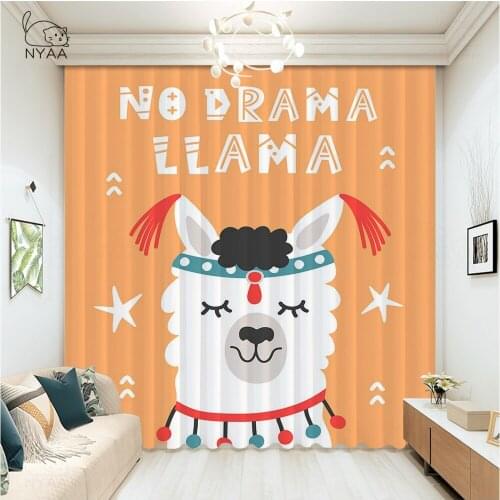 Girly Cartoon Alpaca Hotel Curtains Living Room Cartoon Printed Blue Curtains Home Textile Luxury White Curtain Micro Shading