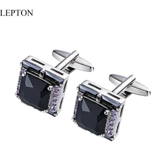 LEPTON Black AAA Zircon Cufflinks High Quality Purple Crystal Cuff Links For Mens Wedding Groom Business Gifts Cufflink Gemelos