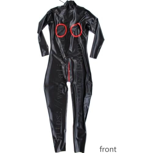 Womens black Fetish latex catsuit open breasts design with crotch & back zippers to back waist