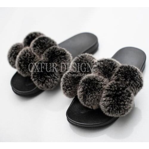 CX-A-103A Women Furry Sandals Slides Fashion Real Rex Rabbit Fur Pom Poms Fur Slippers Fur Gloves