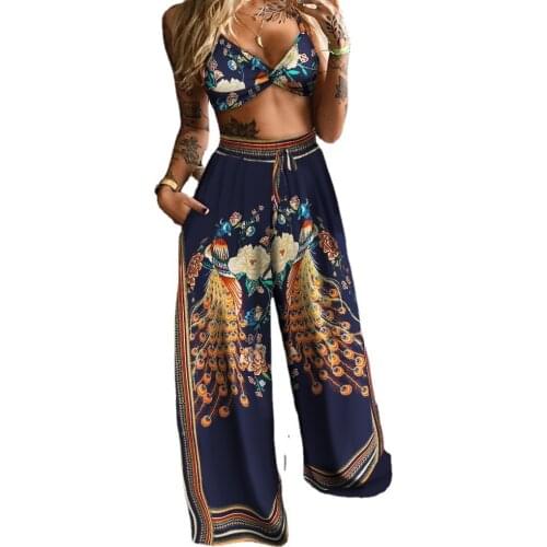 Spring and summer 2021 new womens womens printed tube top loose wide-leg pants two-piece set