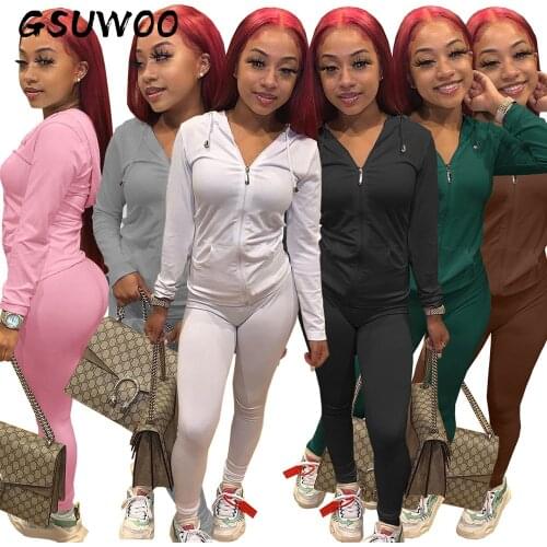 GSUWOO Autumn Winter Womens Solid Color Tracksuit Long Sleeve Zipper Hooded Coat and Skinny Pants Casual Sports Outfits Suit