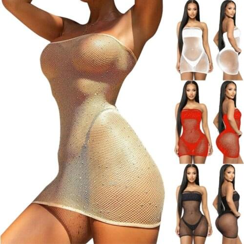 Women 2020 Newest Shiny Bronzing Bandeau Fishnet Mesh Sheer Bikini Cover Up Bathing Summer Beach Dress Suit See Through Swimsuit