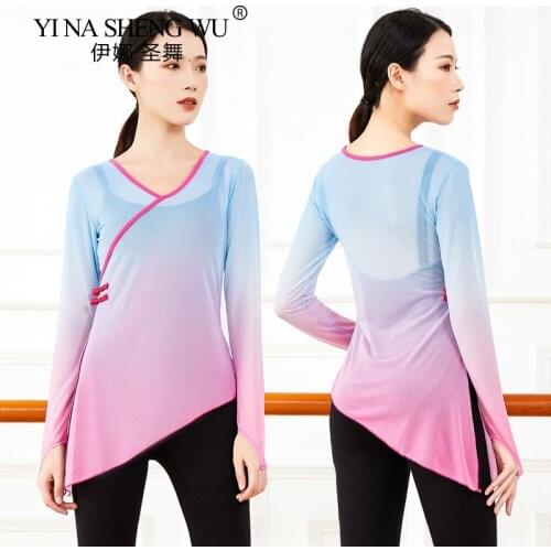 Women Chinese Folk Dance Wear Sexy Transparent Mesh Blouse Classical Dance Loose Top With Thumb Hole Long Sleeve Gradient Color