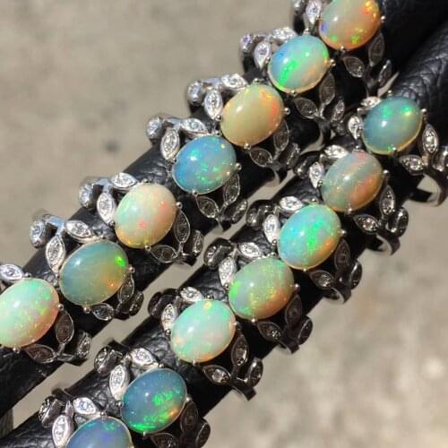 New Arrival Multicolor Opal Ring Real Natural Opal Oval 7x9mm 100% 925 Sterling Silver Wedding Rings Women Adjustable Rings Size