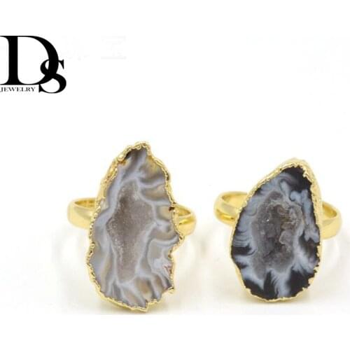 DS Natural Agate Geode Slice Ring Drusy Quartz Crystal Cluster Ring Reiki Healing Crystal Stone Woman Jewelry Wedding Gifts