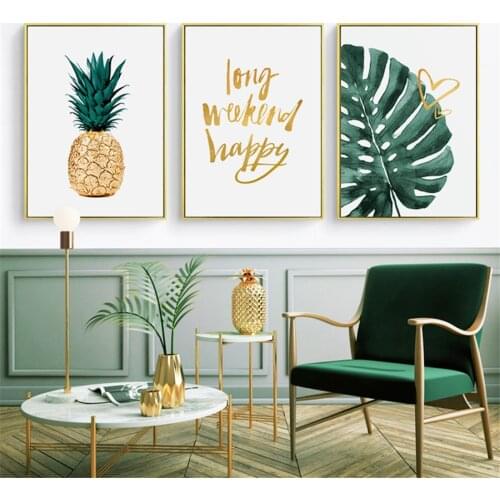 Gold Pineapple Canvas Painting Green Leaves Tropical Plants Inspirational Letter Art Print and Poster Wall Decoration Home Decor