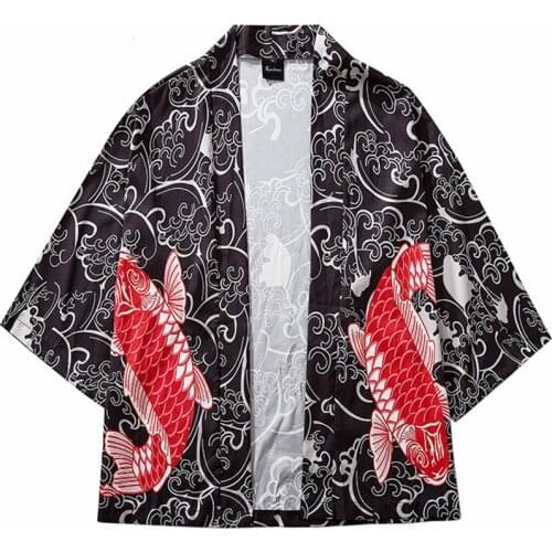 2020 Harajuku Kimono Jacket Japanese Red Koi Fish Print Hip Hop Men Streetwear Jacket Coat Short Autumn Thin Gown Japan Style