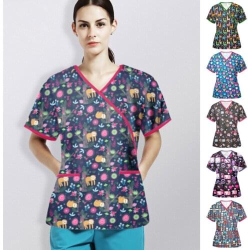 2021 Cartoon Print Nursing Scrubs Tops T Shirt Women Cute Short Sleeve Nurse Uniforms V-neck Pocket Women Work Clothes S-3XL