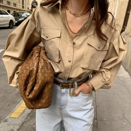 2021 New Spring Office Ladies Casual Blouses Loose Shirt Vintage Lantern Sleeve Tops Solid Blouse Pockets Button Korean Blusas