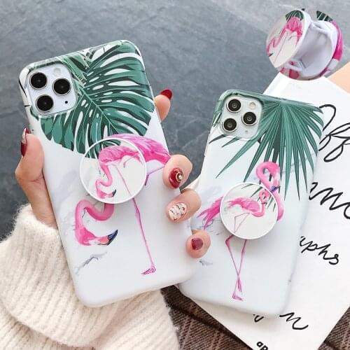 LOVECOM Flamingo Banana Leaf Phone Case With Holder For iPhone 12 Mini 11 Pro Max XR X XS Max 7 8 Plus Soft IMD Matte Back Cover