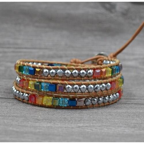 7Colors Square Crystal Chakra Wrap Bracelets for Women Silver Color Hematite Boho Bracelet Yoga Friendship Healing Balance Gift