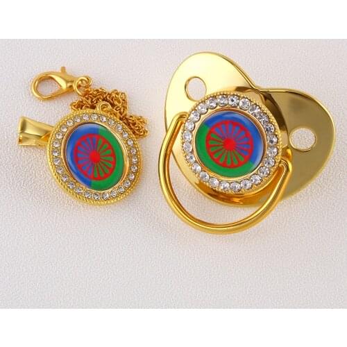 Gypsy Aromanian Romany Luxury Baby Pacifier With Chain Clip Romani Roma Flag Theme Newborn Baby Dummy Soother Nipple