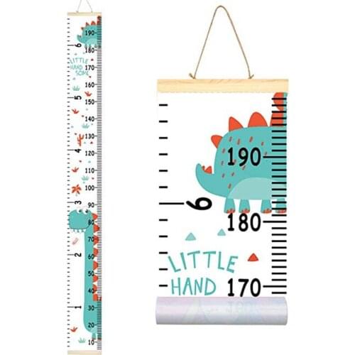 Kids Dinosaur Growth Chart Baby Roll-up Wood Frame Canvas Removable Wall Hanging Height Ruler Wall Art Decor for Nursery Room