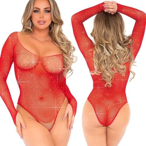 Erotic Plus Size Sexy Lingerie Rhinestone Fishnet Bodysuit Transparent Porn Sex Dress Underwear Women Exotic Sheer Sexy Costumes