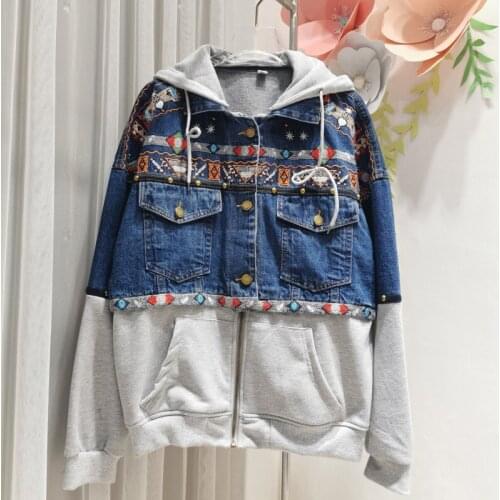 2021 Women Autumn Funny Denim Fashion Denim Embroidered Hooded Coats Women Spliced Patchwork Jackets Y732