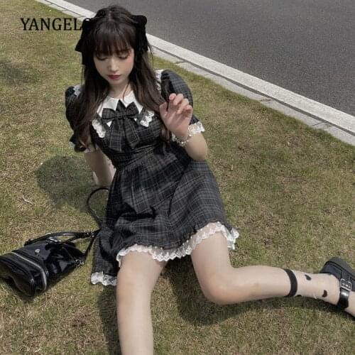 Summer Japanese Soft Girl Cute Doll Collar Bow Slim Waist Plaid Dress Lace Princess Kawaii Lolita Dresses Gothic Harajuku