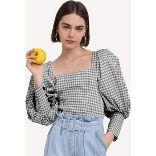 Fashion Long Sleeves Women Blouses Square Collar Puff Sleeve Off Shoulder Slim Girls Shirt All-Match Elegant Ladies Tops
