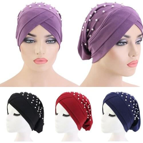Muslim Women Elastic Turban Hat Beads Chemo Cap Head Wrap Headscarf Hair Loss Islamic Headwear Beanie Bonnet Arab Cover Skullies