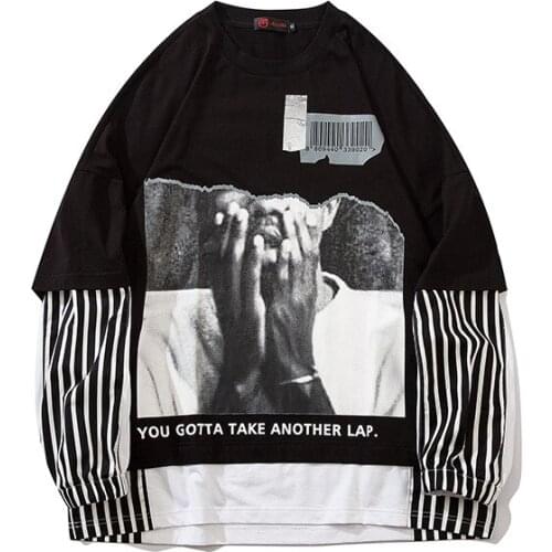 SEVEYFAN 2021 Mens Hip Hop T Shirts Fake Two Pieces Printed Tees Summer Cotton Long Sleeve Tops for Male