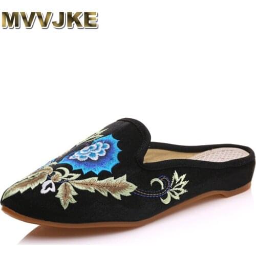 MVVJKE Women Summer Slippers Pointed Toe Floral Embroidered Faux Suede Sandals Comfort Slip-on Cotton Zapatillas Woman E223
