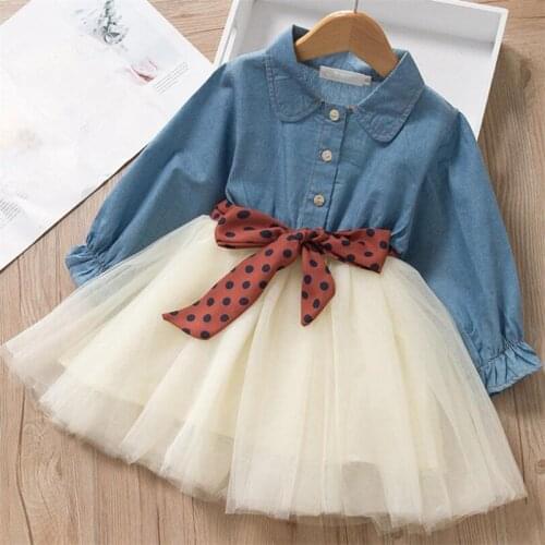 2019 Autumn Winter Girl Dress Long Sleeve Mesh Spliced Dot Print Tutu Princess Dresses Kids Fall Clothing for 2 to 7 Years