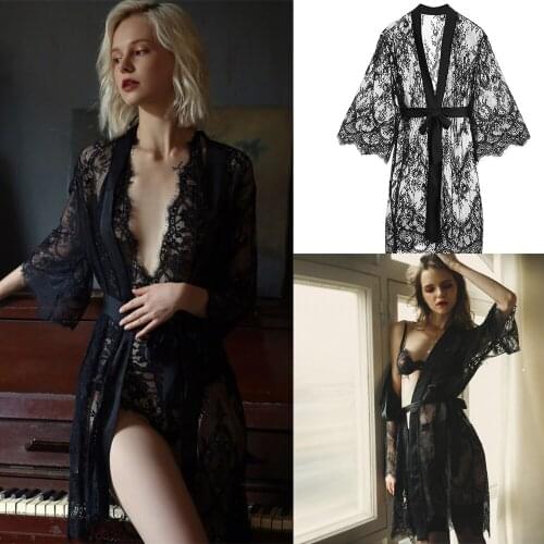 Sexy Lace Nightwear V Neck Long Sleeve With Belt Lingerie Elegant Sleepwear Bathrobes Nightgowns Gown