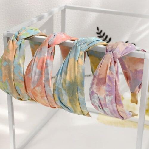 2021 New Fashion Women Headwear Tie-dyed Fabric Headband Cross Fold Hairband Wide Side Turban Adult Hair Accessories