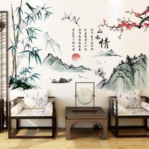 Ink Painting Landscape Wall Stickers Flowers Home Office Decor Chinese Style Living Room Backdrop Decals Room Decor Large Mural
