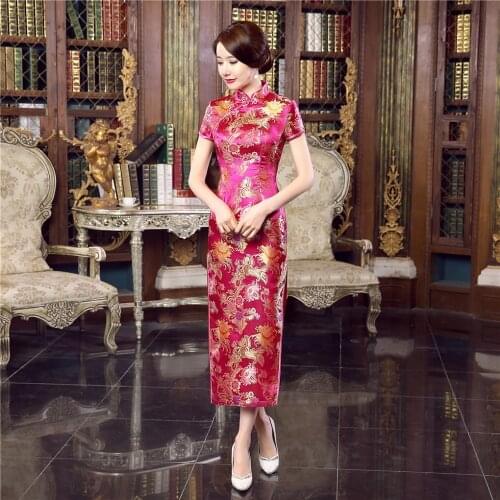 Shanghai Story Hot Pink Womens Long Cheongsam Qipao Traditional Chinese Dress mandarin collar chinese wedding dress