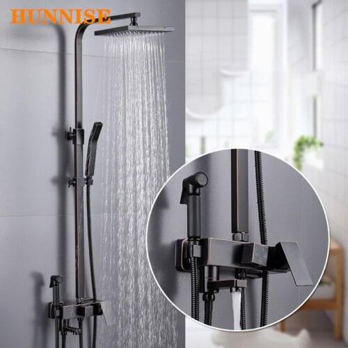 Black Shower Set Solid Brass Bathroom Faucet Stainless Steel Rainfall Shower Head Luxury Black Bronze Bathroom Shower Mixer Set
