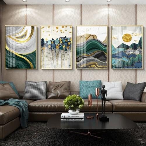 Modern Abstract Gold foil lines Green Canvas Art Paintings For Living Room Nordic Landscape Wall Poster Home Decoration Pictures