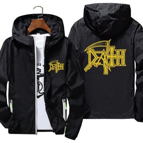Mens Death Rock Band Heavy Metal Pilot Male Hooded Bomber Zipper Thin Reflective Sunscreen Windbreaker Skin Coat Jacket C04