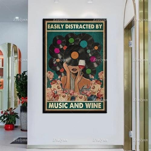 Vinyl Records Phonograph Record Black Girl Retro Poster Easily Distracted By Music Wine Wall Art Prints Home Decor Canvas Gift