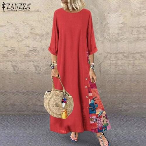 2021 ZANZEA Vintage Stiching Maxi Dress Womens Printed Sundress Cotton 3/4 Sleeve Party Vestidos Female Floral Robe