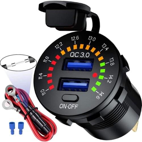 QC 3.0 Dual USB Charger ON/Off Switch Colorful Voltmeter Wire Fuse Waterproof 12V 36W for Car,Marine,Boat,RV,Truck,Golf Cart