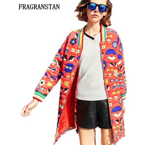 2018 Female Autumn Winter New Long Down Jacket Women Fashion Cartoon Printed Coat Ladies High Quality Casual Loose Parkas JQ621