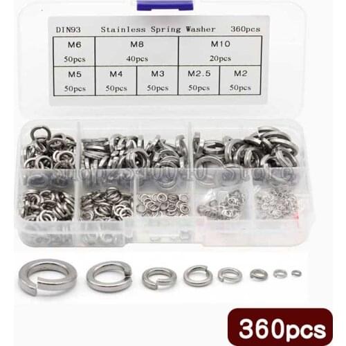 360pcs Spring Washer Assortment Kit stainless steel M2 M2.5 M3 M4 M5 M6 M8 M10 spring lock washer GB93 Elastic Gasket