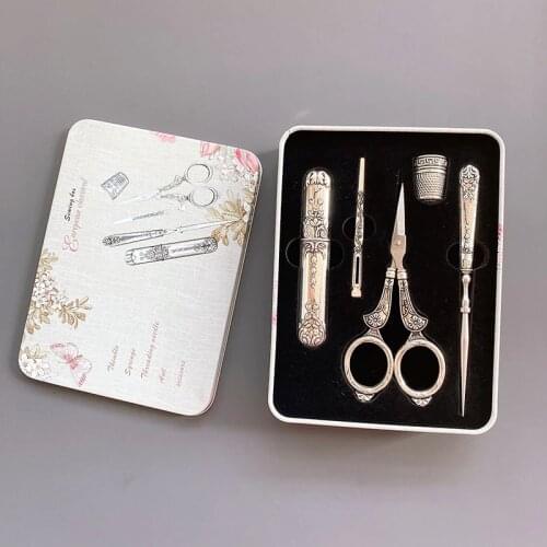 5Pcs/ Set Vintage Silver Embroidery Sewing Scissors Gift Thimble Needle Case Awl Tailors Scissors with Storage box