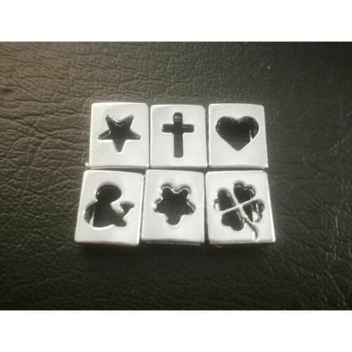 8mm mix silver color hollow slide charm four leaf clover flower cross heart & star 120pcs/lot fit for 8mm diy wristband bracelet