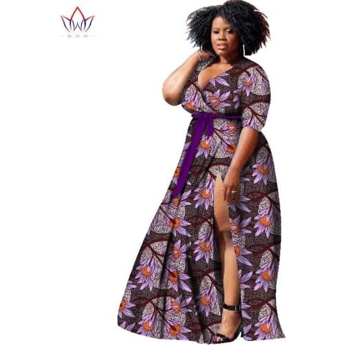 Bintarealwax Africa Dresses for Women Bazin Plus Size African Style Clothing Dashiki Deep V -Neck Women African Clothing WY1169